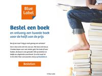 De landingspagina van de fictieve uitgeverij Blue Label voor de promotie van een kortingsactie