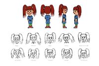 A character design sheet of Amy, one of the characters from the Pixi book &#039;Get angry now&#039;, where you can see Amy from all sides and view her emotions